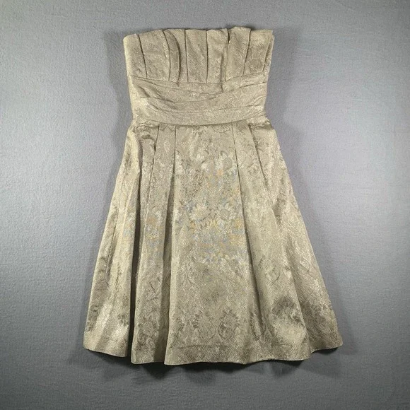 Priscilla Of Boston, Gold Metallic Strapless Formal Back Zip Mini Dress Size 6 - Picture 1 of 10